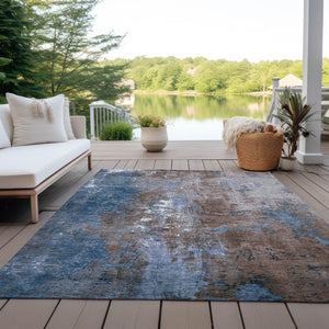 HomeRoots 5' Brown and Blue Abstract Area Rug - Stylish, Washable, Durable Indoor/Outdoor Design for Any Space 10' X 14' 623406