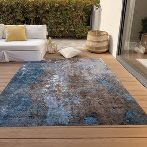 HomeRoots 5' Brown and Blue Abstract Area Rug - Stylish, Washable, Durable Indoor/Outdoor Design for Any Space 10' X 14' 623406