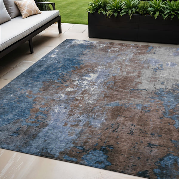 HomeRoots 5' Coffee and Blue Abstract Area Rug - Stylish, Durable, Washable for Indoor & Outdoor Spaces 5' X 8' 623408