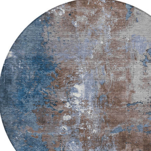 HomeRoots 5' Coffee and Blue Abstract Area Rug - Stylish, Durable, Washable for Indoor & Outdoor Spaces 8' Round 623409
