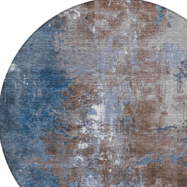 HomeRoots 5' Coffee and Blue Abstract Area Rug - Stylish, Durable, Washable for Indoor & Outdoor Spaces 8' Round 623409