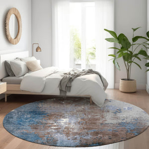 HomeRoots 5' Coffee and Blue Abstract Area Rug - Stylish, Durable, Washable for Indoor & Outdoor Spaces 8' Round 623409