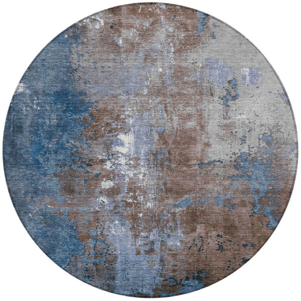 HomeRoots 5' Coffee and Blue Abstract Area Rug - Stylish, Durable, Washable for Indoor & Outdoor Spaces 8' Round 623409