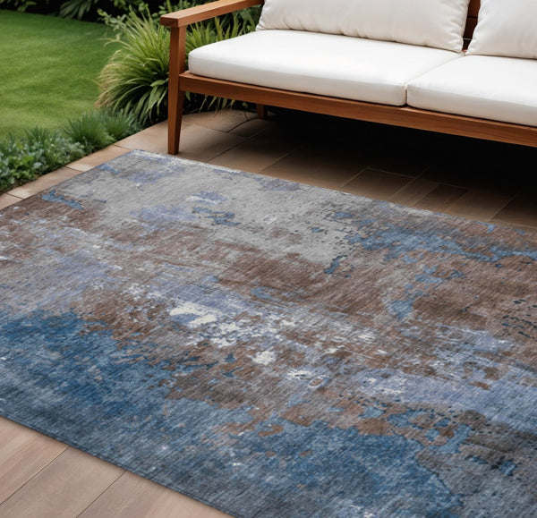 HomeRoots 5' Coffee and Blue Abstract Area Rug - Stylish, Durable, Washable for Indoor & Outdoor Spaces 10' X 14' 623412