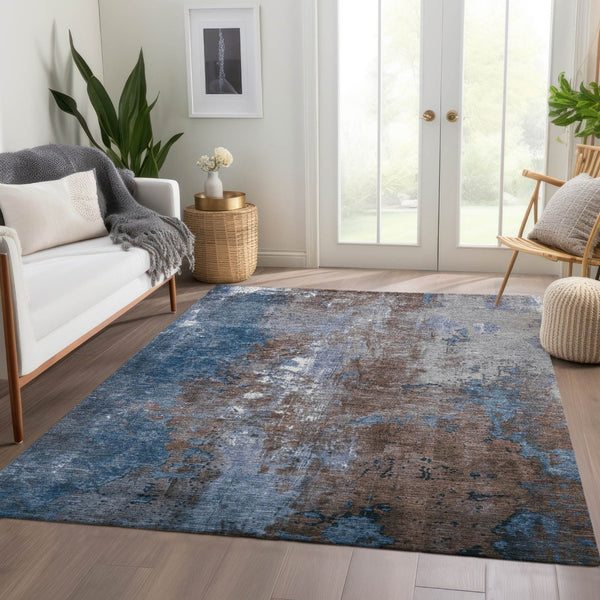 HomeRoots 5' Coffee and Blue Abstract Area Rug - Stylish, Durable, Washable for Indoor & Outdoor Spaces 10' X 14' 623412