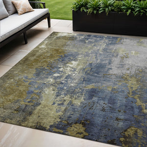 HomeRoots 5' Abstract Khaki and Denim Blue Area Rug - Stylish, Washable, Durable, Perfect for Indoor/Outdoor Use! 5' X 8' 623420