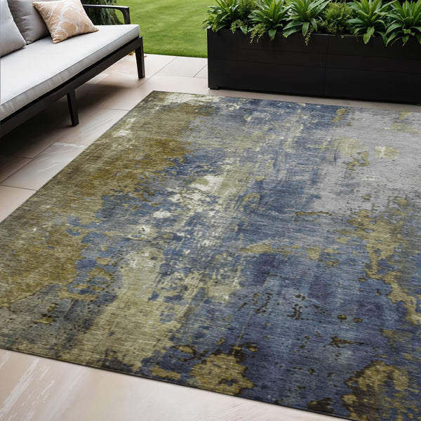HomeRoots 5' Abstract Khaki and Denim Blue Area Rug - Stylish, Washable, Durable, Perfect for Indoor/Outdoor Use! 5' X 8' 623420