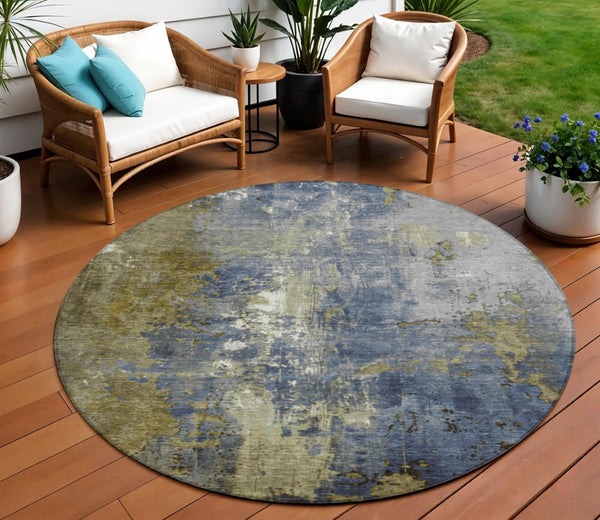 HomeRoots 5' Abstract Khaki and Denim Blue Area Rug - Stylish, Washable, Durable, Perfect for Indoor/Outdoor Use! 8' Round 623421