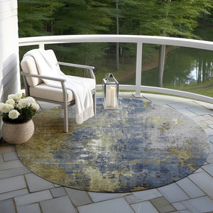 HomeRoots 5' Abstract Khaki and Denim Blue Area Rug - Stylish, Washable, Durable, Perfect for Indoor/Outdoor Use! 8' Round 623421