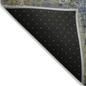 HomeRoots 5' Abstract Khaki and Denim Blue Area Rug - Stylish, Washable, Durable, Perfect for Indoor/Outdoor Use! 8' Round 623421
