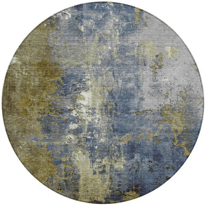 HomeRoots 5' Abstract Khaki and Denim Blue Area Rug - Stylish, Washable, Durable, Perfect for Indoor/Outdoor Use! 8' Round 623421