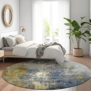 HomeRoots 5' Abstract Khaki and Denim Blue Area Rug - Stylish, Washable, Durable, Perfect for Indoor/Outdoor Use! 8' Round 623421