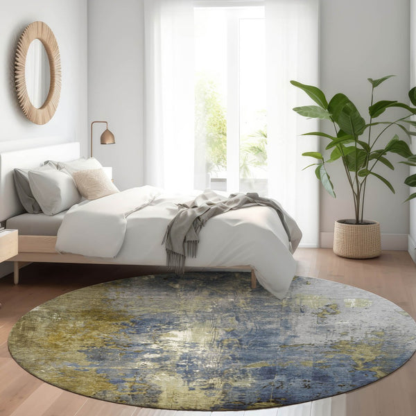 HomeRoots 5' Abstract Khaki and Denim Blue Area Rug - Stylish, Washable, Durable, Perfect for Indoor/Outdoor Use! 8' Round 623421