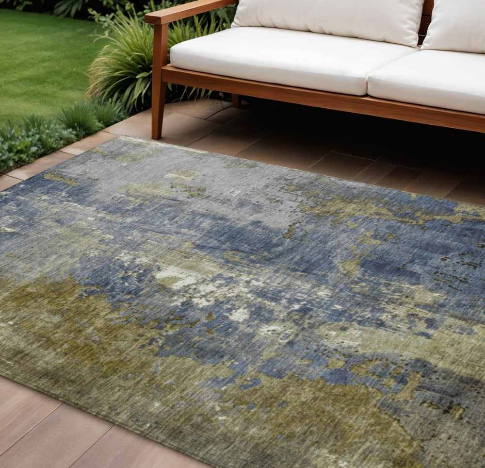 HomeRoots 5' Abstract Khaki and Denim Blue Area Rug - Stylish, Washable, Durable, Perfect for Indoor/Outdoor Use! 8' X 10' 623422