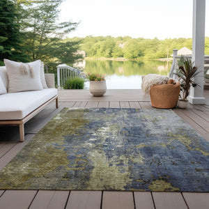HomeRoots 5' Abstract Khaki and Denim Blue Area Rug - Stylish, Washable, Durable, Perfect for Indoor/Outdoor Use! 8' X 10' 623422