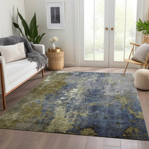 HomeRoots 5' Abstract Khaki and Denim Blue Area Rug - Stylish, Washable, Durable, Perfect for Indoor/Outdoor Use! 9' X 12' 623423