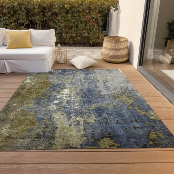 HomeRoots 5' Abstract Khaki and Denim Blue Area Rug - Stylish, Washable, Durable, Perfect for Indoor/Outdoor Use! 9' X 12' 623423