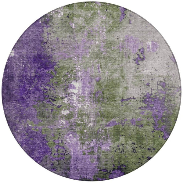 HomeRoots 5' Olive Green and Purple Abstract Washable Area Rug for Indoor and Outdoor Style Refresh 8' Round 623427