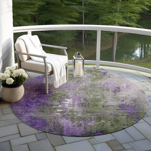 HomeRoots 5' Olive Green and Purple Abstract Washable Area Rug for Indoor and Outdoor Style Refresh 8' Round 623427