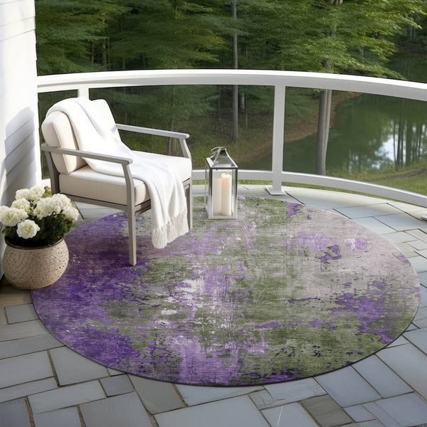HomeRoots 5' Olive Green and Purple Abstract Washable Area Rug for Indoor and Outdoor Style Refresh 8' Round 623427