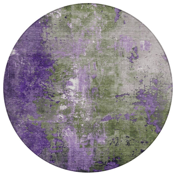 HomeRoots 5' Olive Green and Purple Abstract Washable Area Rug for Indoor and Outdoor Style Refresh 8' Round 623427