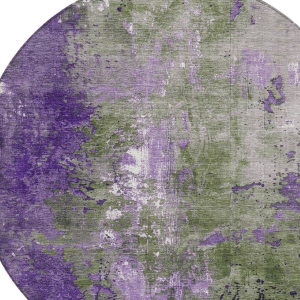 HomeRoots 5' Olive Green and Purple Abstract Washable Area Rug for Indoor and Outdoor Style Refresh 8' Round 623427