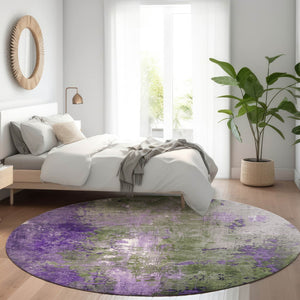 HomeRoots 5' Olive Green and Purple Abstract Washable Area Rug for Indoor and Outdoor Style Refresh 8' Round 623427