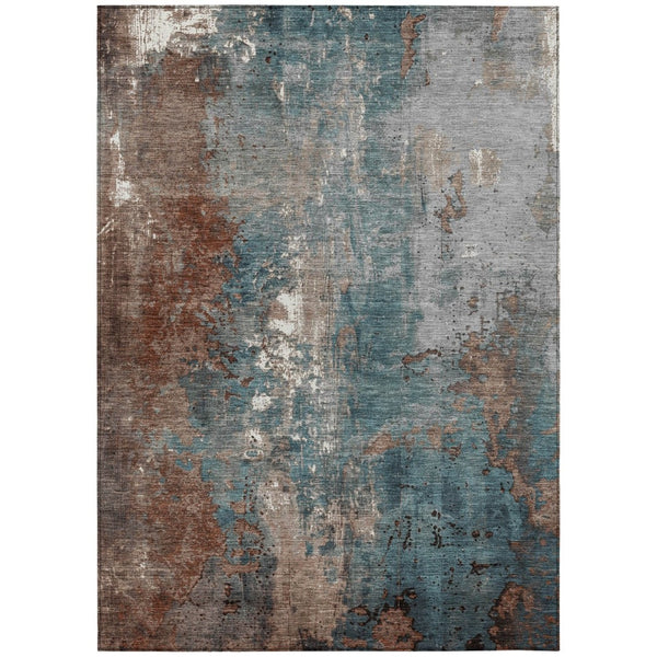 HomeRoots 5' Abstract Rust and Teal Blue Area Rug - Washable, Versatile Indoor/Outdoor Design for Modern Spaces 5' X 8' 623432