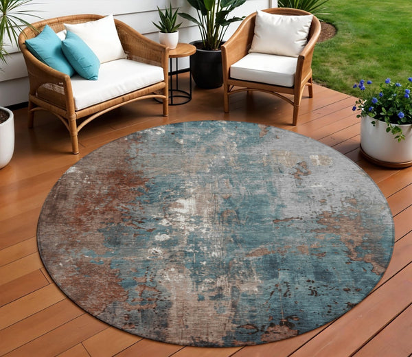 HomeRoots 5' Abstract Rust and Teal Blue Area Rug - Washable, Versatile Indoor/Outdoor Design for Modern Spaces 8' Round 623433