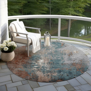 HomeRoots 5' Abstract Rust and Teal Blue Area Rug - Washable, Versatile Indoor/Outdoor Design for Modern Spaces 8' Round 623433