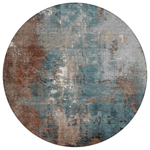 HomeRoots 5' Abstract Rust and Teal Blue Area Rug - Washable, Versatile Indoor/Outdoor Design for Modern Spaces 8' Round 623433