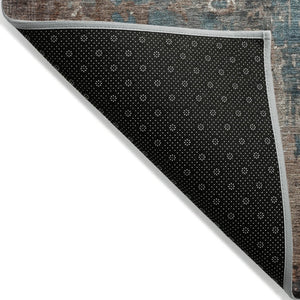 HomeRoots 5' Abstract Rust and Teal Blue Area Rug - Washable, Versatile Indoor/Outdoor Design for Modern Spaces 8' Round 623433