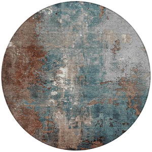 HomeRoots 5' Abstract Rust and Teal Blue Area Rug - Washable, Versatile Indoor/Outdoor Design for Modern Spaces 8' Round 623433