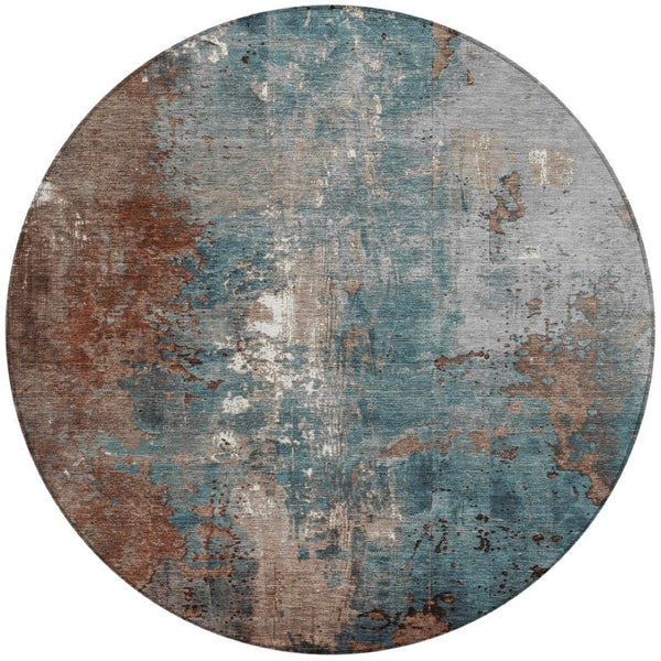 HomeRoots 5' Abstract Rust and Teal Blue Area Rug - Washable, Versatile Indoor/Outdoor Design for Modern Spaces 8' Round 623433