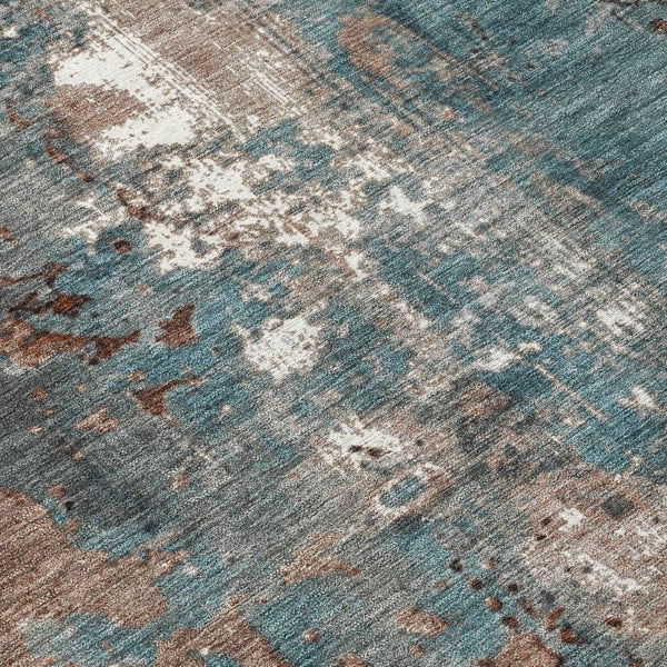 HomeRoots 5' Abstract Rust and Teal Blue Area Rug - Washable, Versatile Indoor/Outdoor Design for Modern Spaces 8' Round 623433