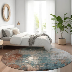 HomeRoots 5' Abstract Rust and Teal Blue Area Rug - Washable, Versatile Indoor/Outdoor Design for Modern Spaces 8' Round 623433