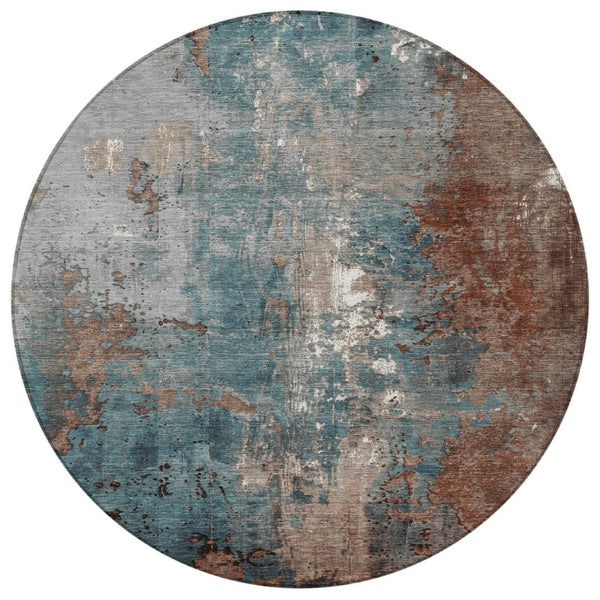 HomeRoots 5' Abstract Rust and Teal Blue Area Rug - Washable, Versatile Indoor/Outdoor Design for Modern Spaces 8' Round 623433