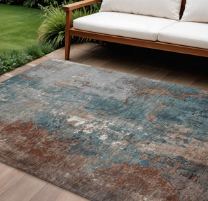 HomeRoots 5' Abstract Rust and Teal Blue Area Rug - Washable, Versatile Indoor/Outdoor Design for Modern Spaces 10' X 14' 623436