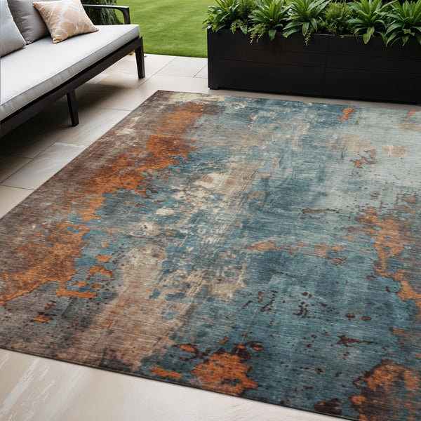 HomeRoots 5' Teal Blue and Copper Abstract Area Rug - Stylish, Washable, Durable Indoor/Outdoor Accent Piece 5' X 8' 623438