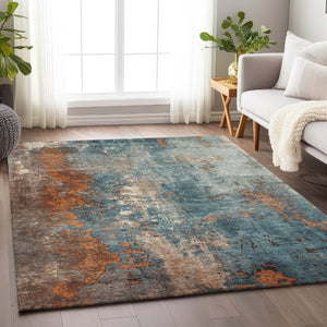 HomeRoots 5' Teal Blue and Copper Abstract Area Rug - Stylish, Washable, Durable Indoor/Outdoor Accent Piece 5' X 8' 623438