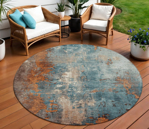 HomeRoots 5' Teal Blue and Copper Abstract Area Rug - Stylish, Washable, Durable Indoor/Outdoor Accent Piece 8' Round 623439
