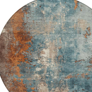 HomeRoots 5' Teal Blue and Copper Abstract Area Rug - Stylish, Washable, Durable Indoor/Outdoor Accent Piece 8' Round 623439