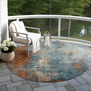 HomeRoots 5' Teal Blue and Copper Abstract Area Rug - Stylish, Washable, Durable Indoor/Outdoor Accent Piece 8' Round 623439
