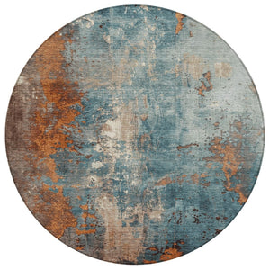 HomeRoots 5' Teal Blue and Copper Abstract Area Rug - Stylish, Washable, Durable Indoor/Outdoor Accent Piece 8' Round 623439