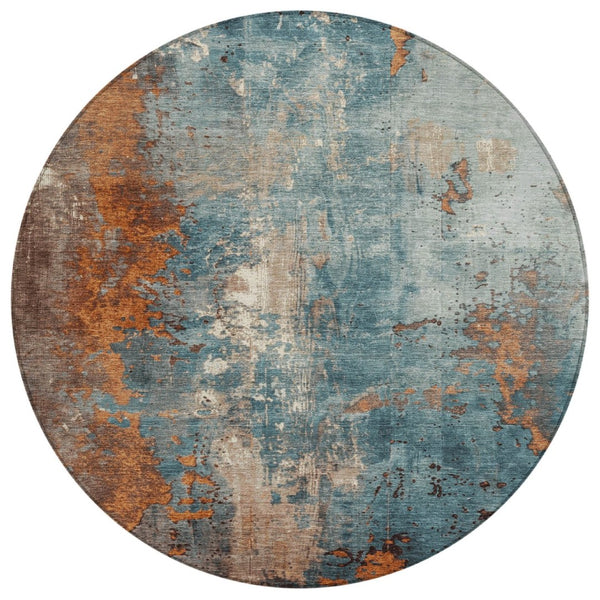 HomeRoots 5' Teal Blue and Copper Abstract Area Rug - Stylish, Washable, Durable Indoor/Outdoor Accent Piece 8' Round 623439