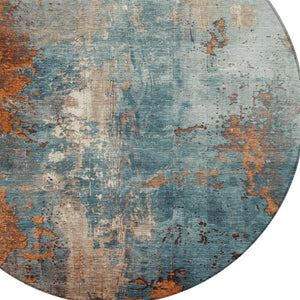 HomeRoots 5' Teal Blue and Copper Abstract Area Rug - Stylish, Washable, Durable Indoor/Outdoor Accent Piece 8' Round 623439