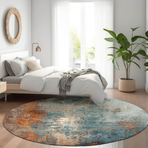 HomeRoots 5' Teal Blue and Copper Abstract Area Rug - Stylish, Washable, Durable Indoor/Outdoor Accent Piece 8' Round 623439