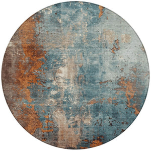 HomeRoots 5' Teal Blue and Copper Abstract Area Rug - Stylish, Washable, Durable Indoor/Outdoor Accent Piece 8' Round 623439