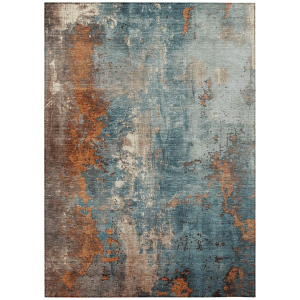 HomeRoots 5' Teal Blue and Copper Abstract Area Rug - Stylish, Washable, Durable Indoor/Outdoor Accent Piece 8' X 10' 623440