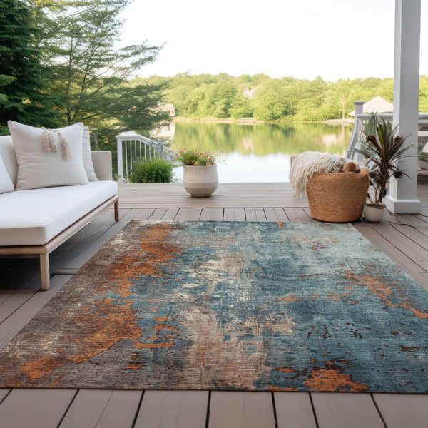 HomeRoots 5' Teal Blue and Copper Abstract Area Rug - Stylish, Washable, Durable Indoor/Outdoor Accent Piece 9' X 12' 623441